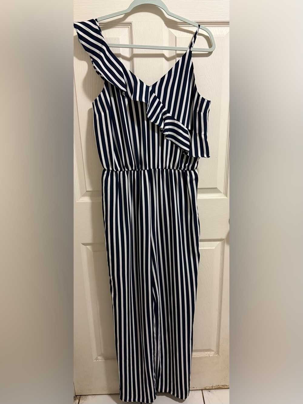 Bar III Navy and White Vertical Stripe One-Shoulder Jumpsuit
